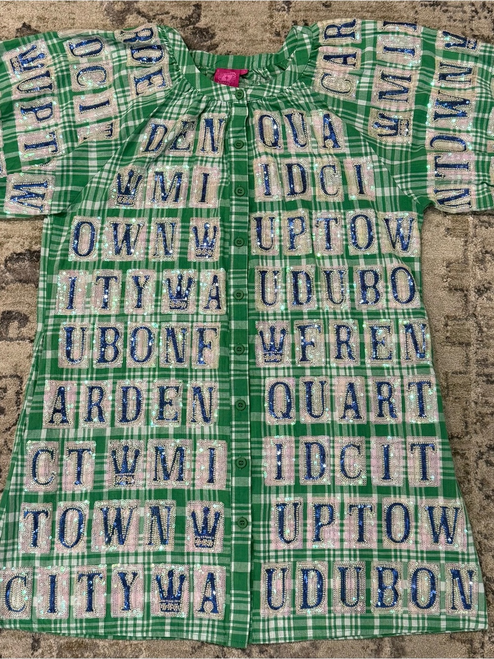 QUEEN OF SPARKLES Green Plaid Sequin Lettering Midi Dress